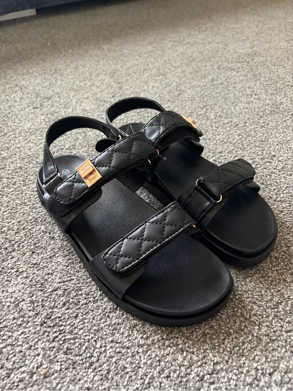 Women Black Quilted Strap Sandals with Gold Accents